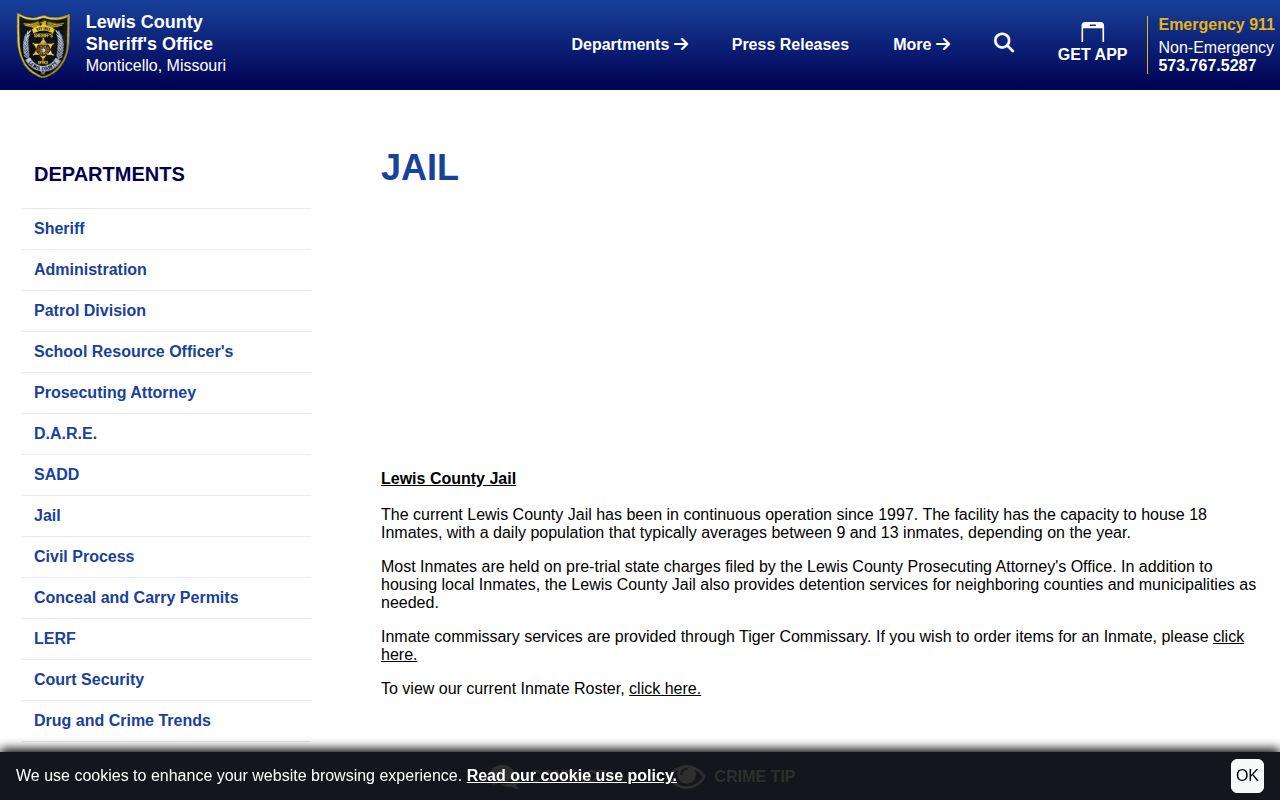 Lewis County jail page describing capacity pretrial detention and neighboring jurisdiction service
