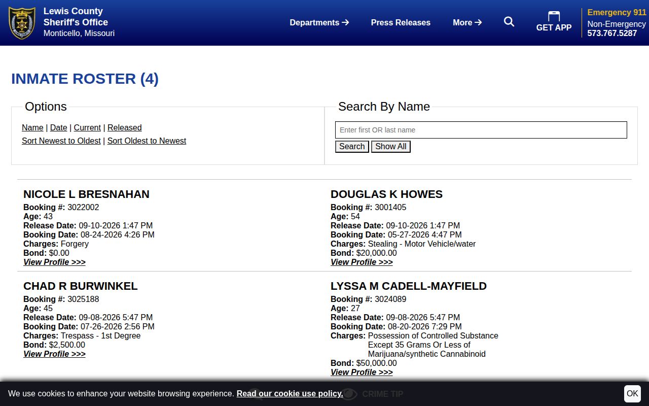 Lewis County Sheriff 48 Hour Release view sorted by release time