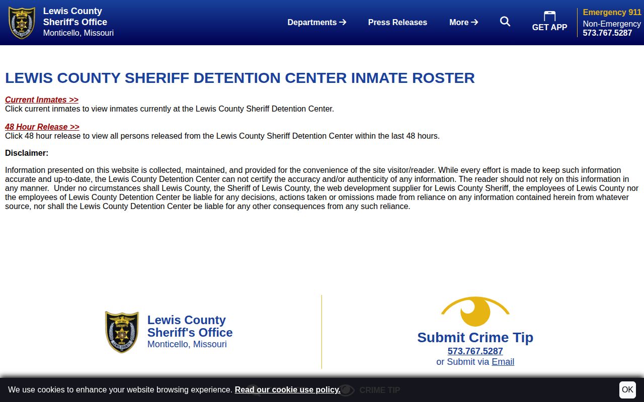 Lewis County Sheriff roster disclaimer with Current Inmates and 48 Hour Release links