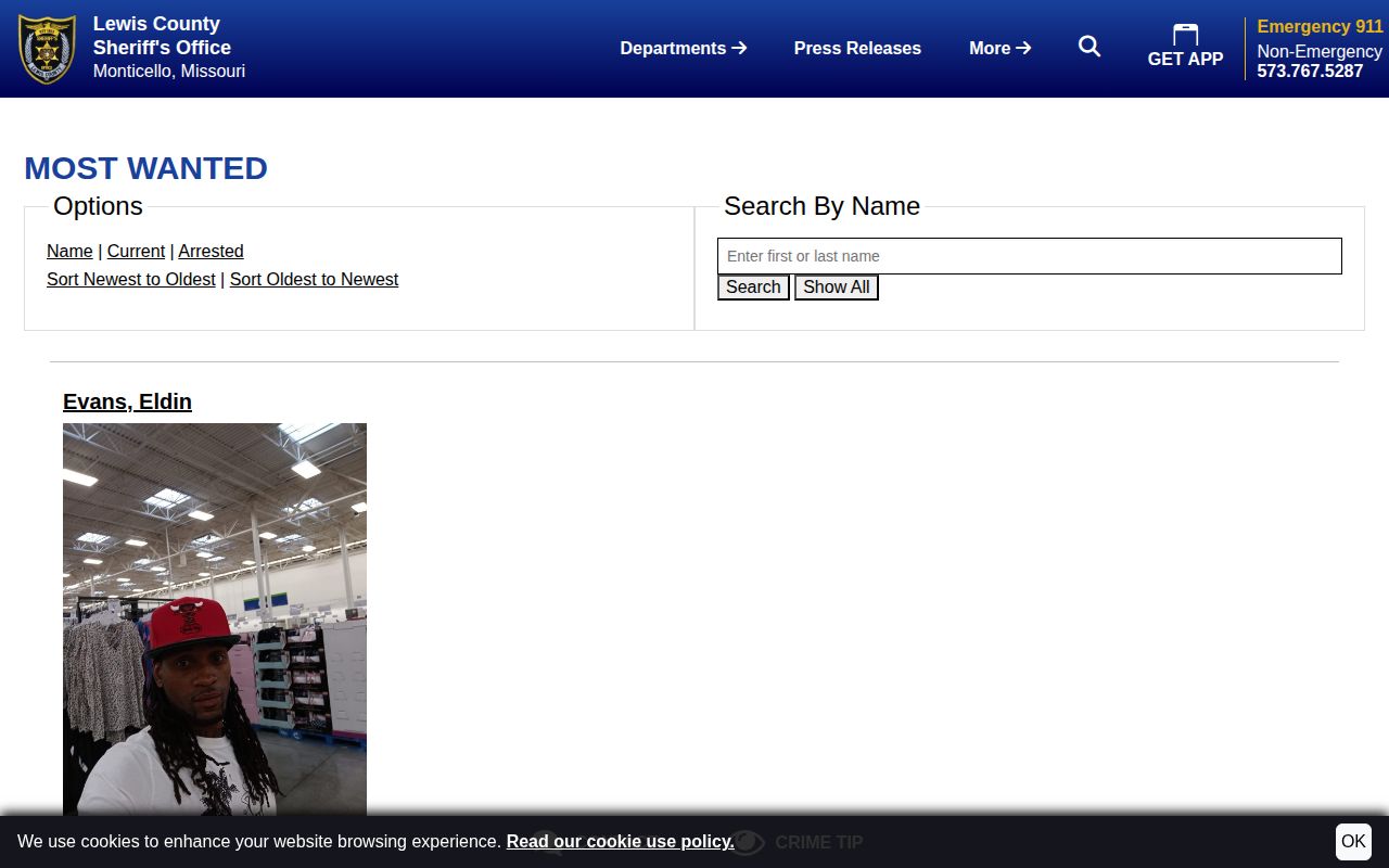 Lewis County Sheriff Most Wanted page with Current and Arrested filters