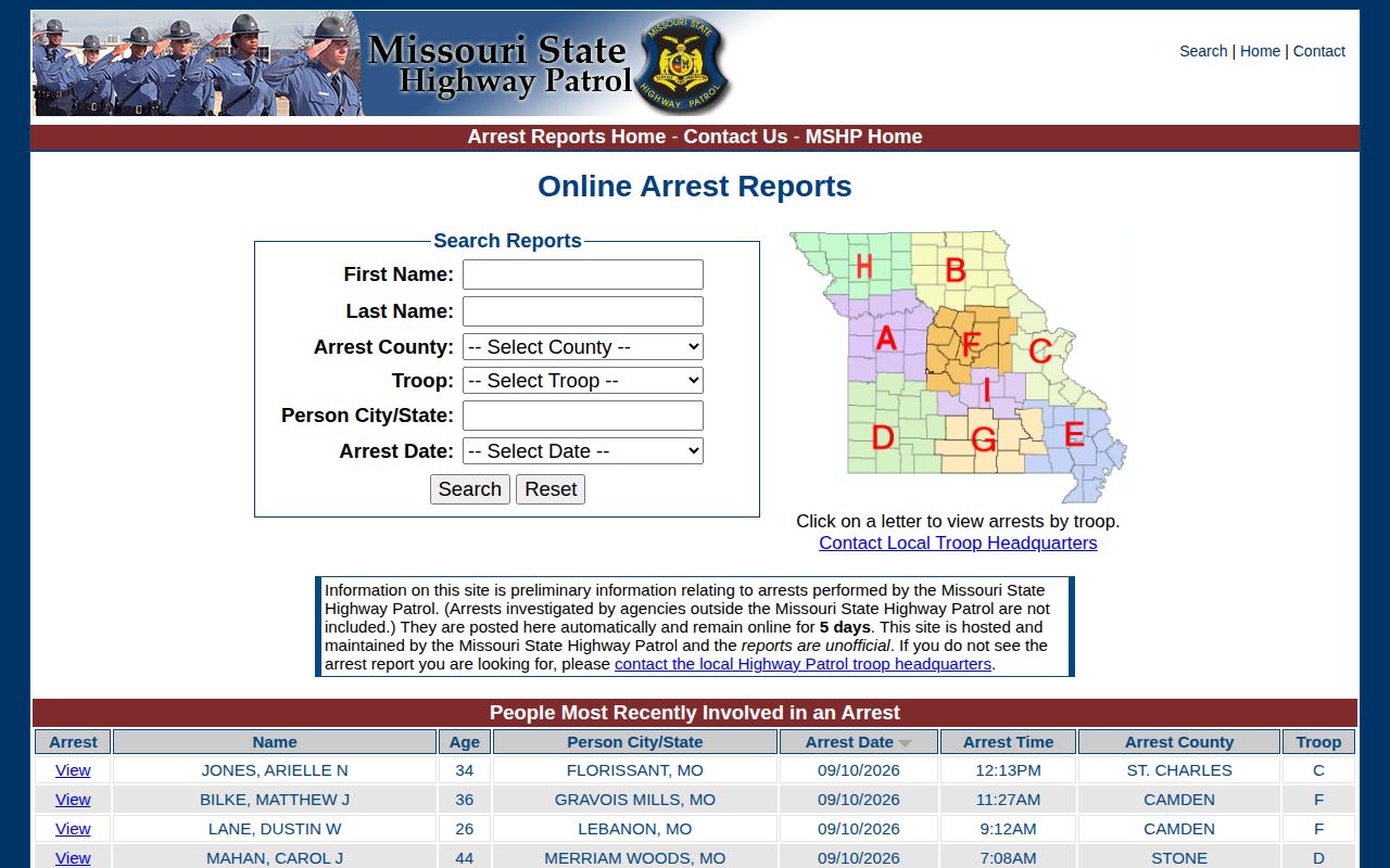 Missouri State Highway Patrol arrest search with county troop name and date fields