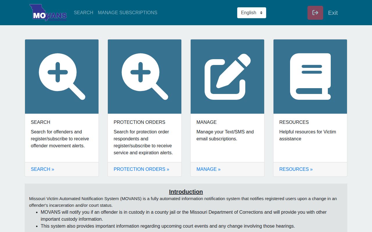 MOVANS public portal showing the Missouri and Lewis County search workflow