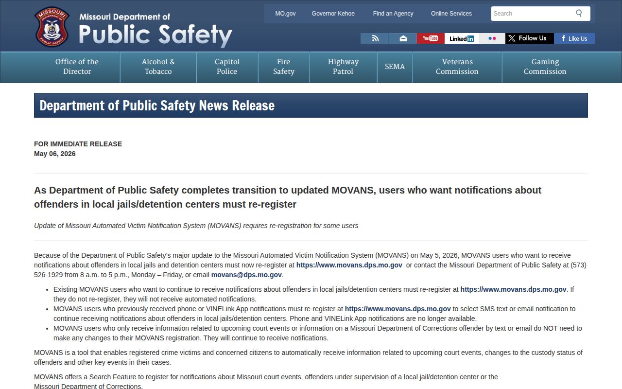 Missouri DPS MOVANS 2026 notice about re-registration text email and offline search results