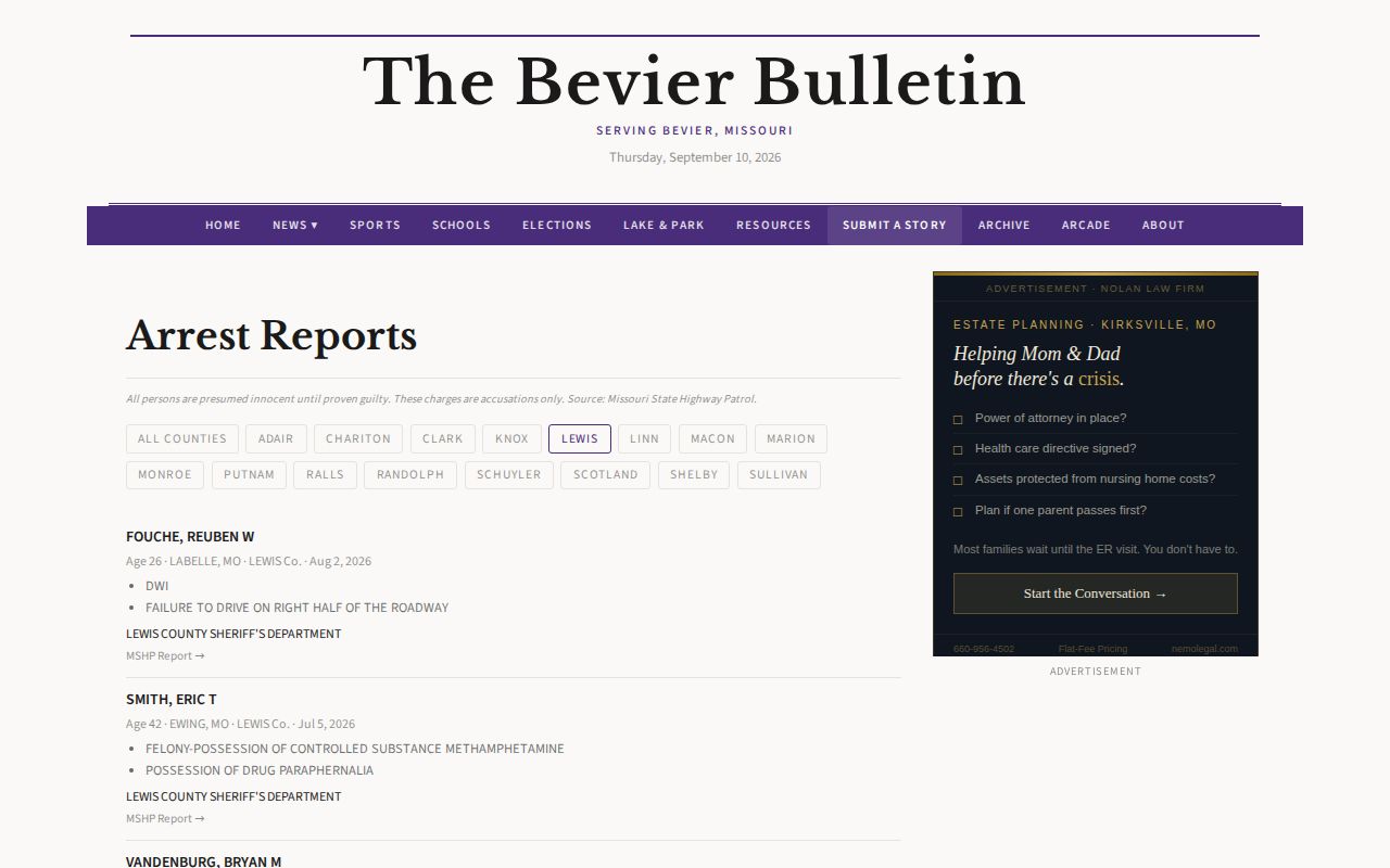 Bevier Bulletin Lewis County arrest page showing source label county filter and innocence disclaimer