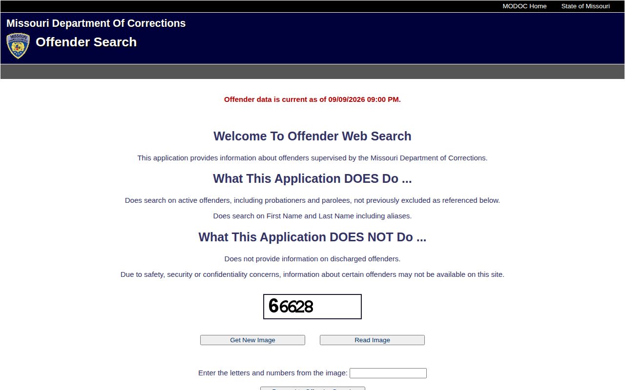 Missouri DOC active offender search form and current information limitations