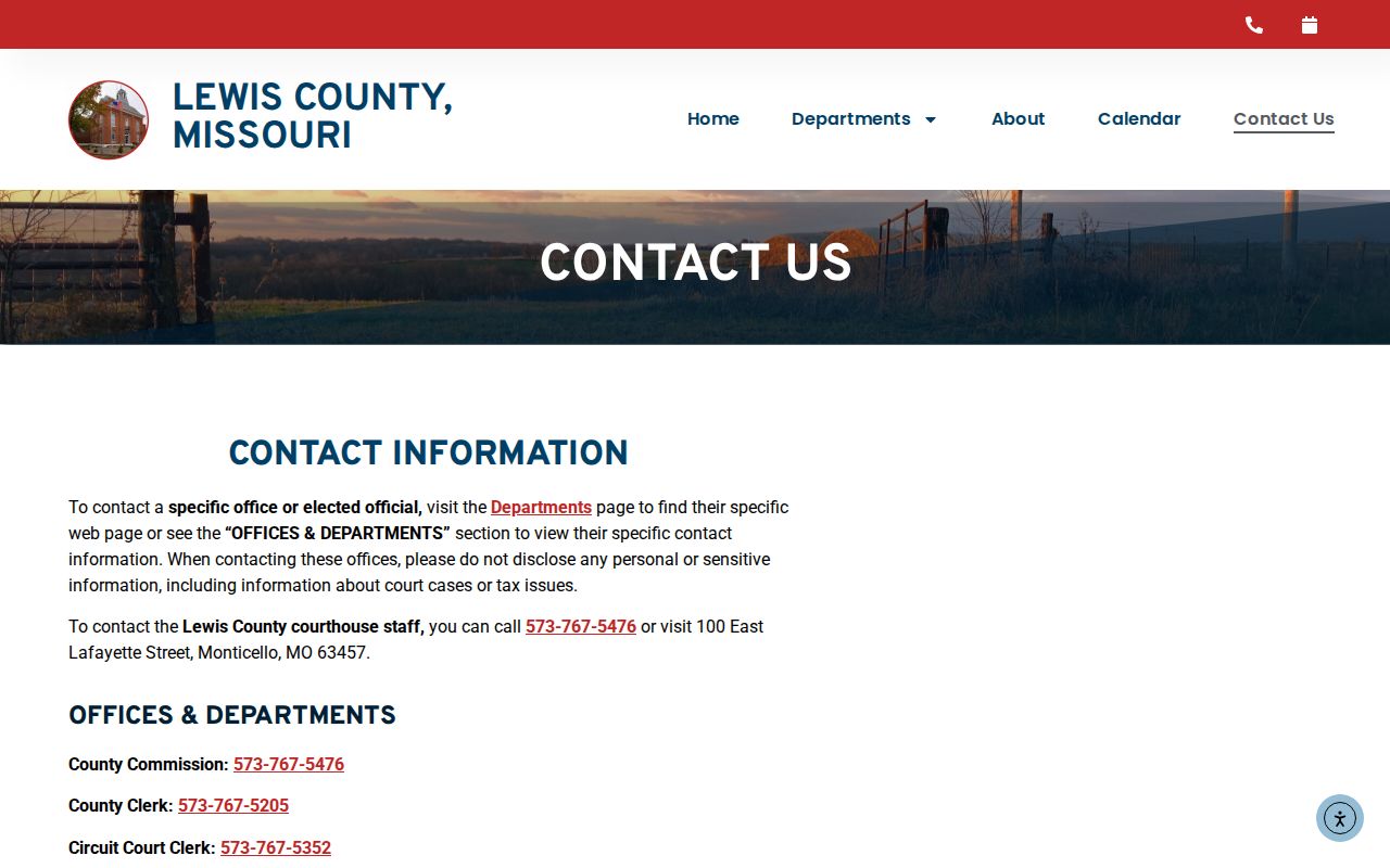 Lewis County official contact page listing Monticello courthouse clerk prosecutor and sheriff contacts