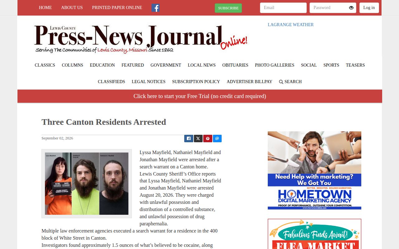 Press-News Journal Canton arrest story with date and Lewis County Sheriff attribution