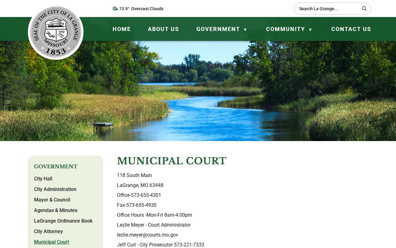 La Grange Municipal Court page showing its every-other-month schedule contact and warrant warning