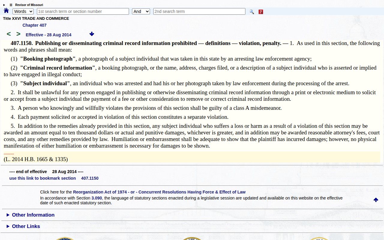 Missouri statute defining booking photos and prohibiting payment demands for removal