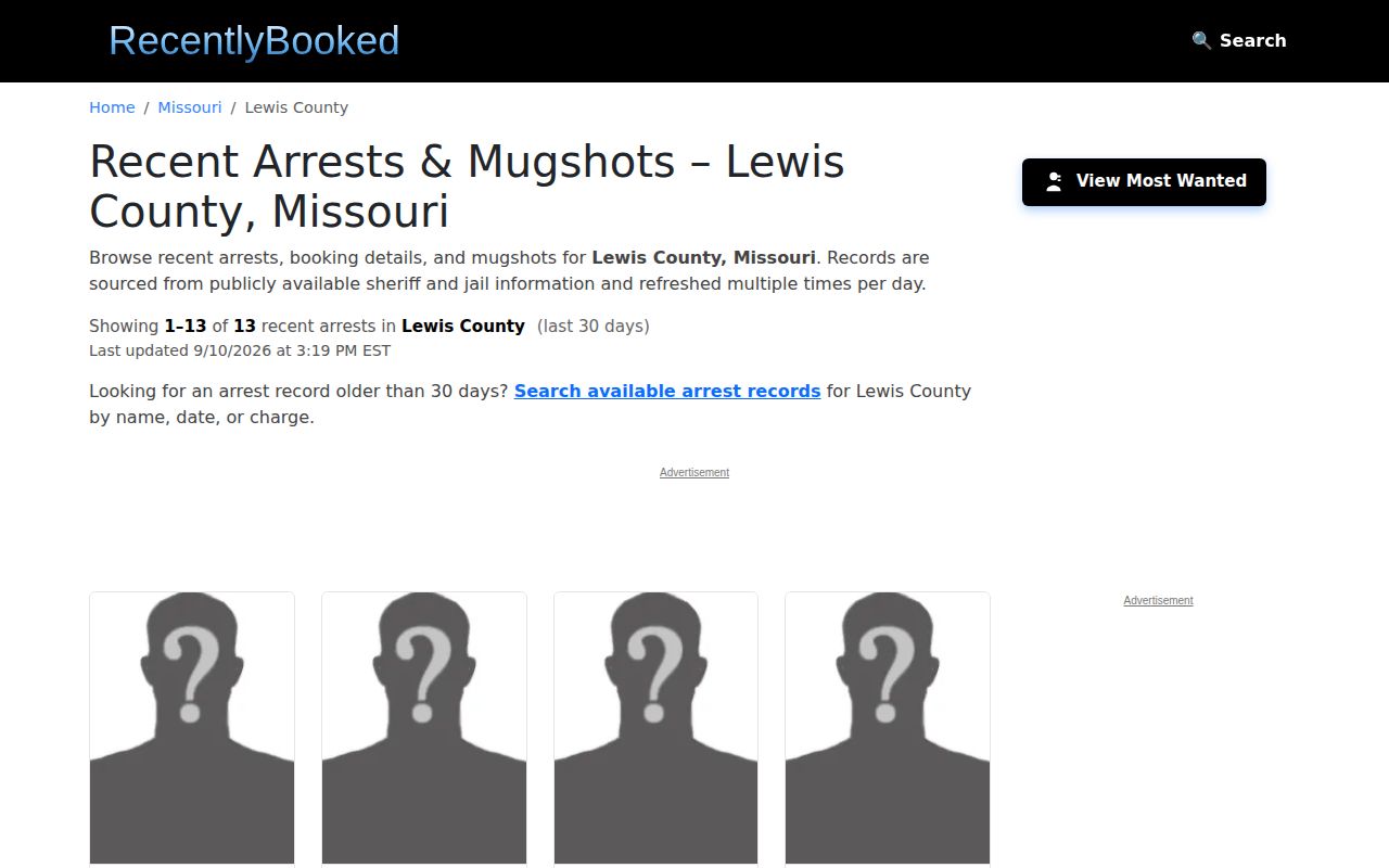 Unofficial RecentlyBooked Lewis County page showing last updated state and placeholder photo behavior