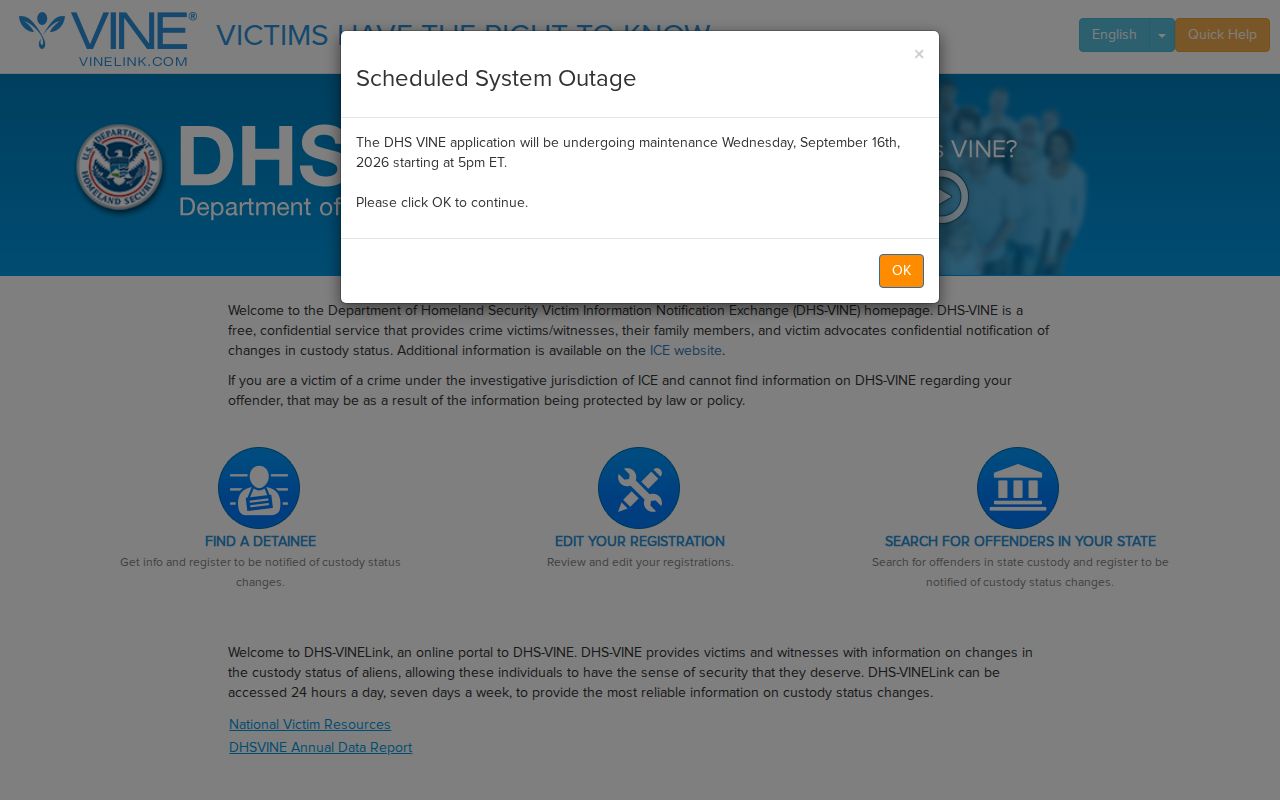 DHS VINE federal immigration custody portal clearly separate from Missouri MOVANS